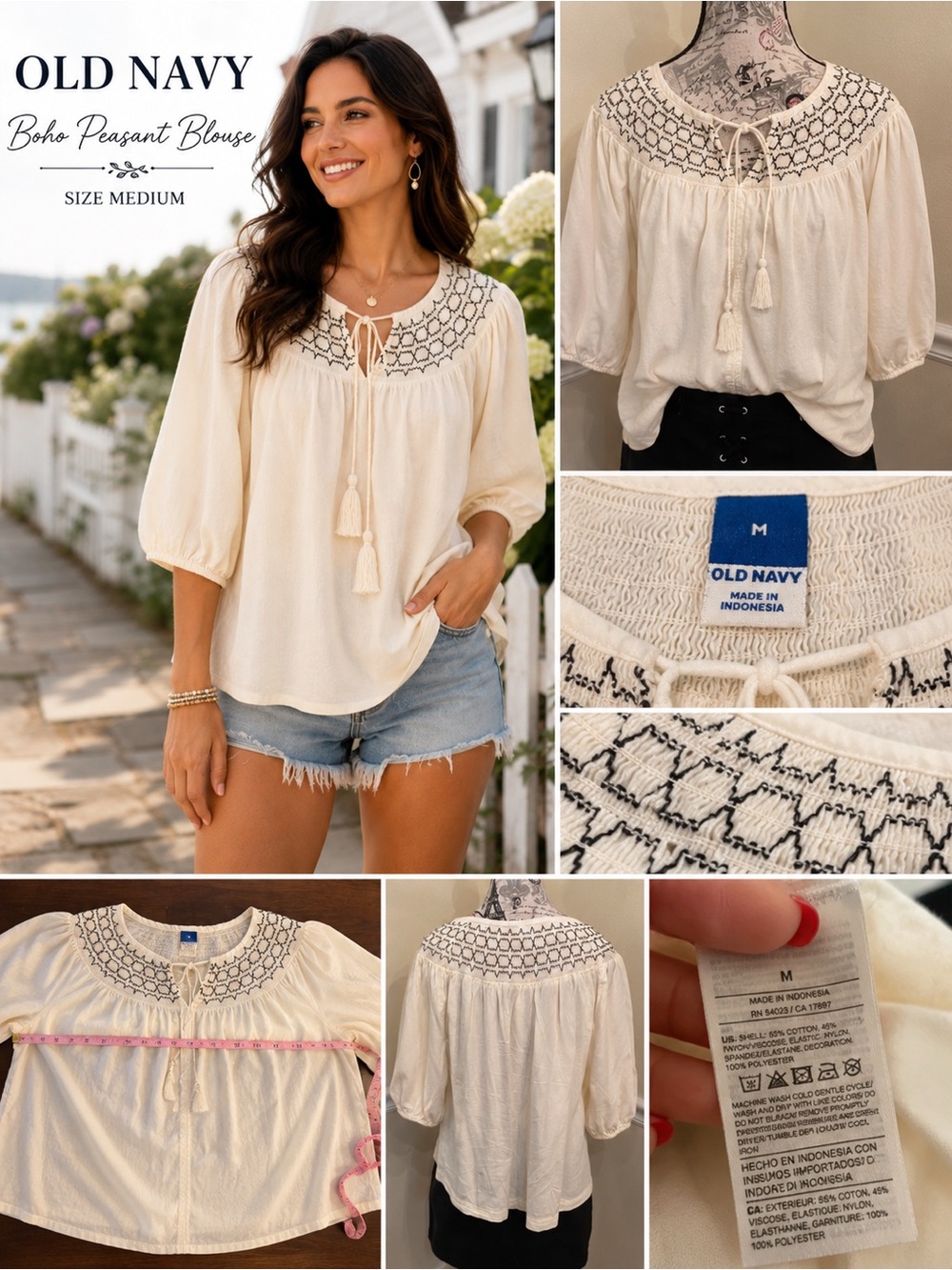 Old Navy Ivory Black Embroidered Boho Peasant Blouse Medium - Picture 2 of 10
